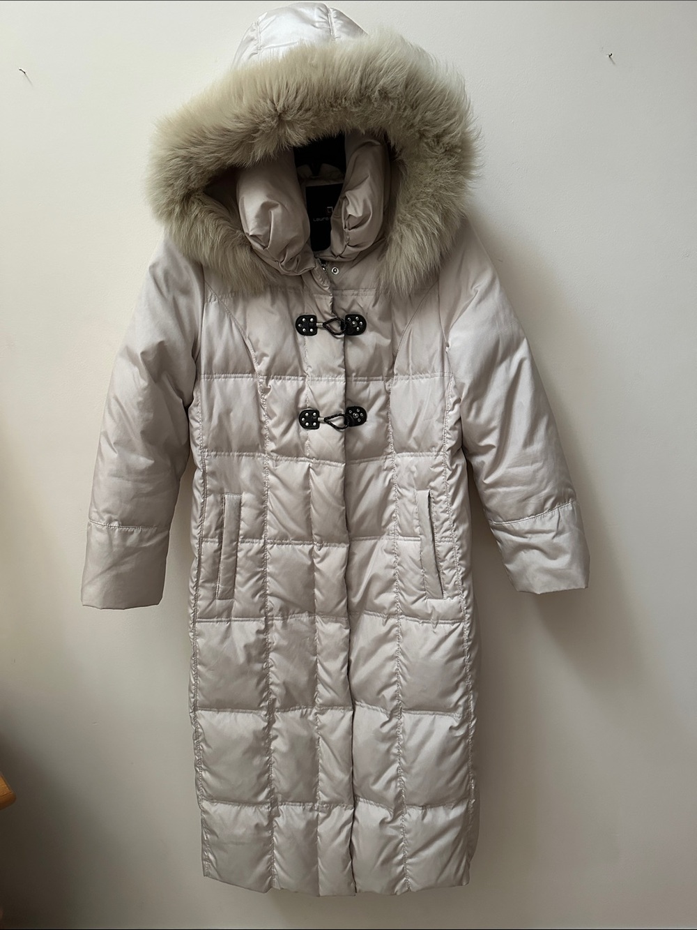 Long Quilted Puffer Coat with Fur Trimmed Hood - Light Beige